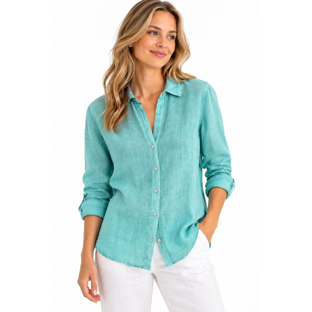 120% Lino 100% Linen Button Up Long Sleeve Top Women's Shirt Aqua Blue Coastal
